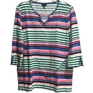 Talbots Women’s M Top 3/4 Sleeve Cotton /Linen Blend Striped V-Neck Embroidered